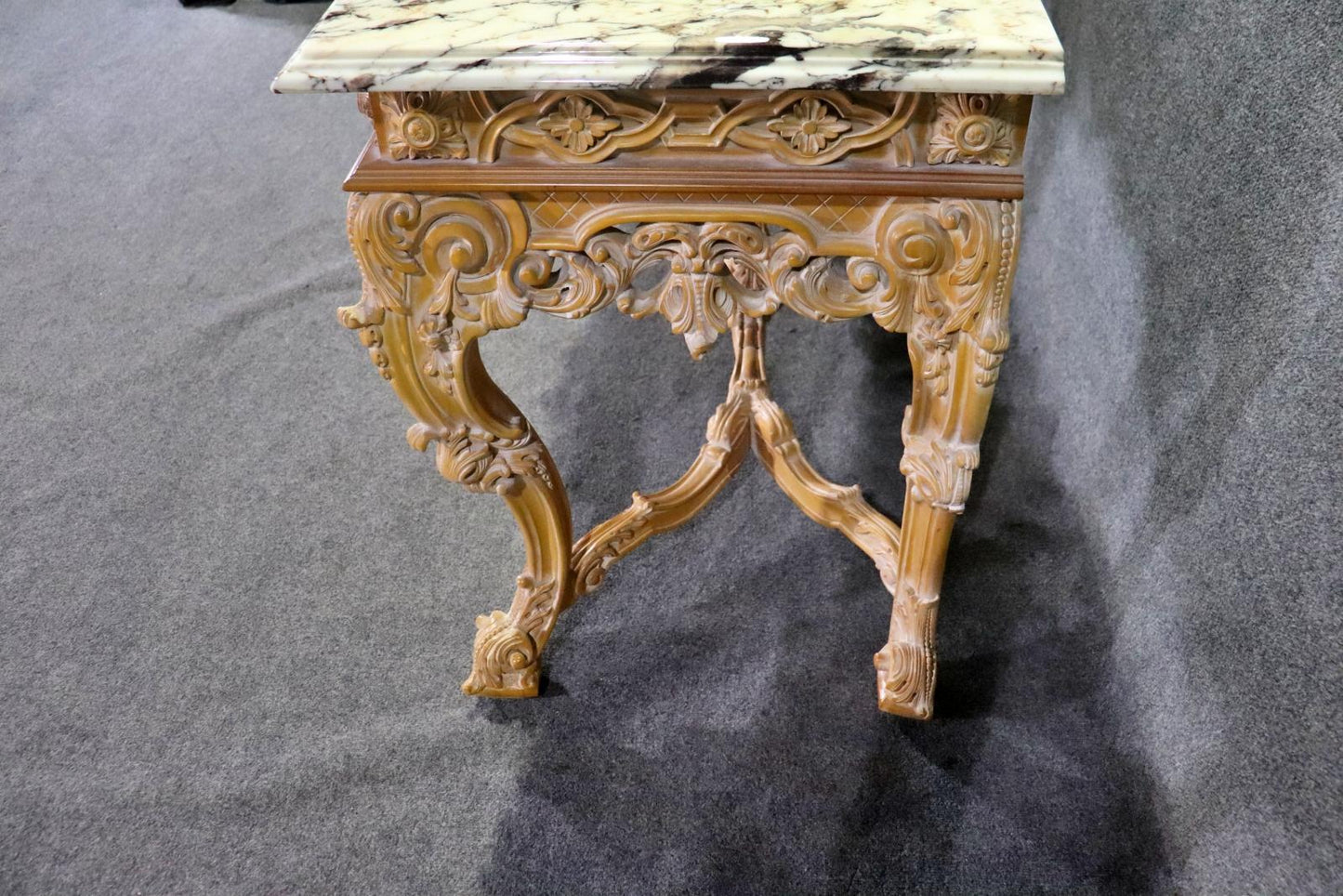 Rare Pair of French Carved Limed Beechwood Marble Top Louis XV Console Tables