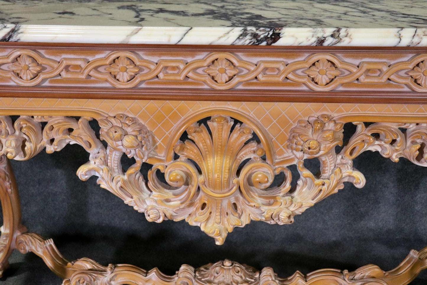 Rare Pair of French Carved Limed Beechwood Marble Top Louis XV Console Tables