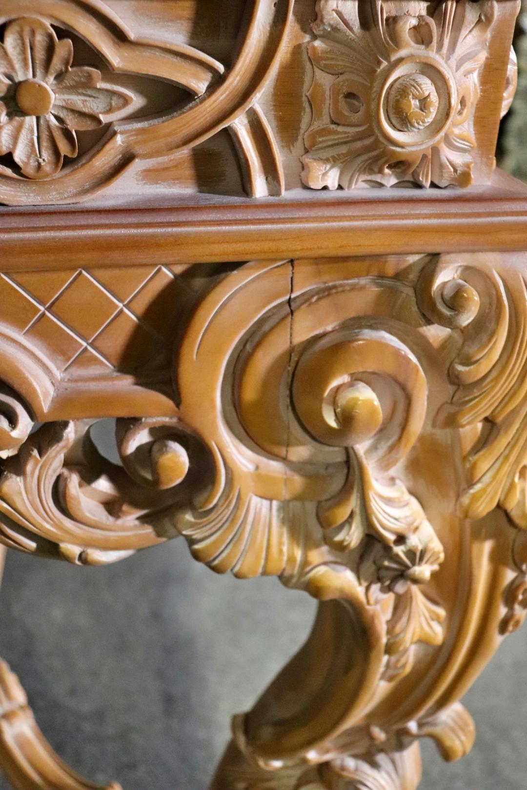 Rare Pair of French Carved Limed Beechwood Marble Top Louis XV Console Tables