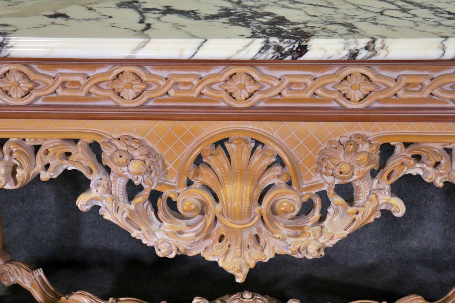 Rare Pair of French Carved Limed Beechwood Marble Top Louis XV Console Tables