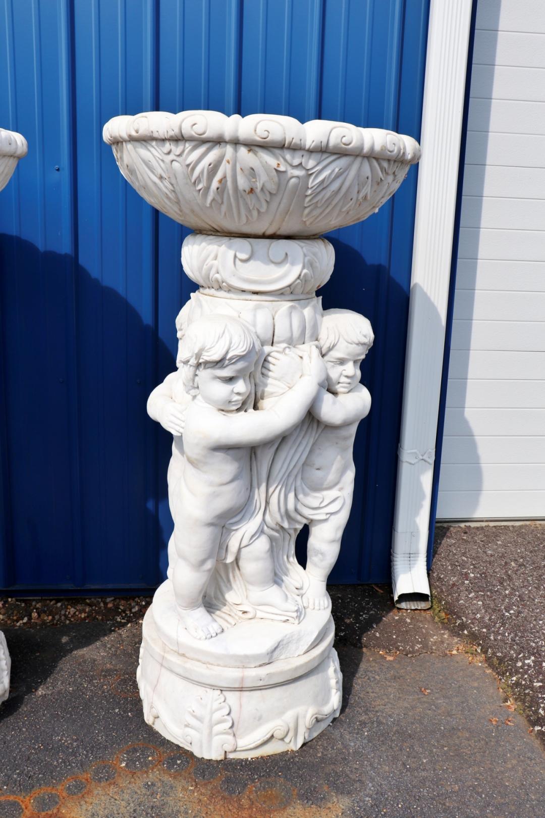 Large Figural Cherub Putti Carved Marble Bird Bath