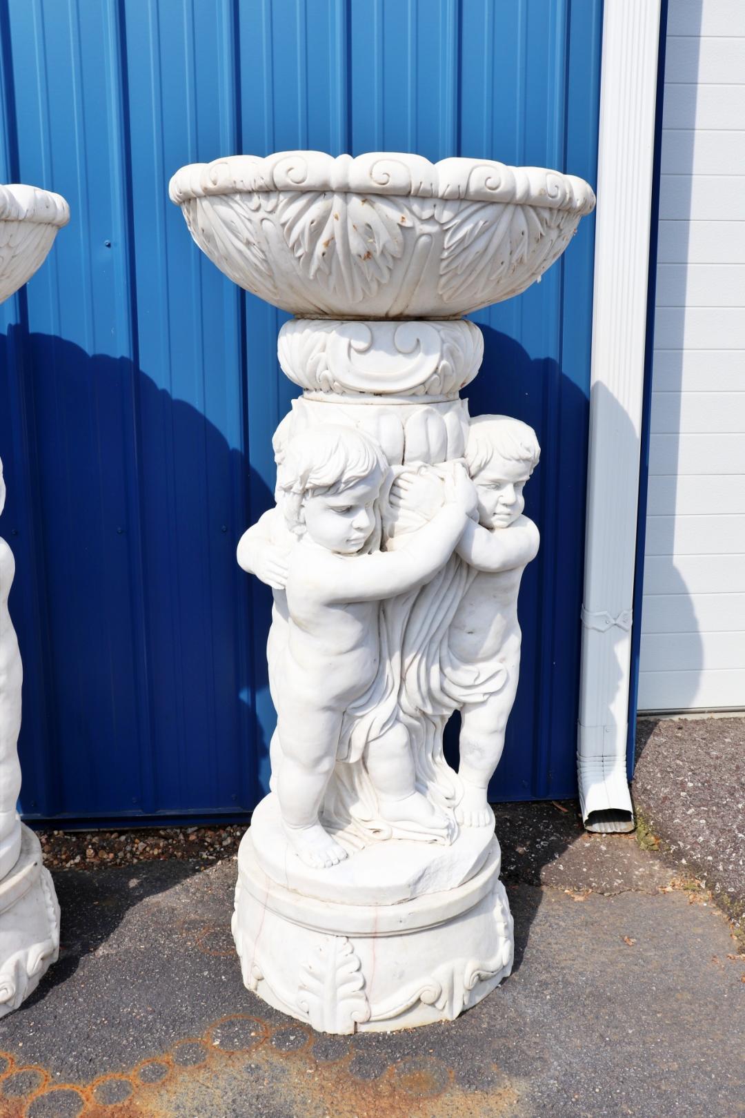 Large Figural Cherub Putti Carved Marble Bird Bath