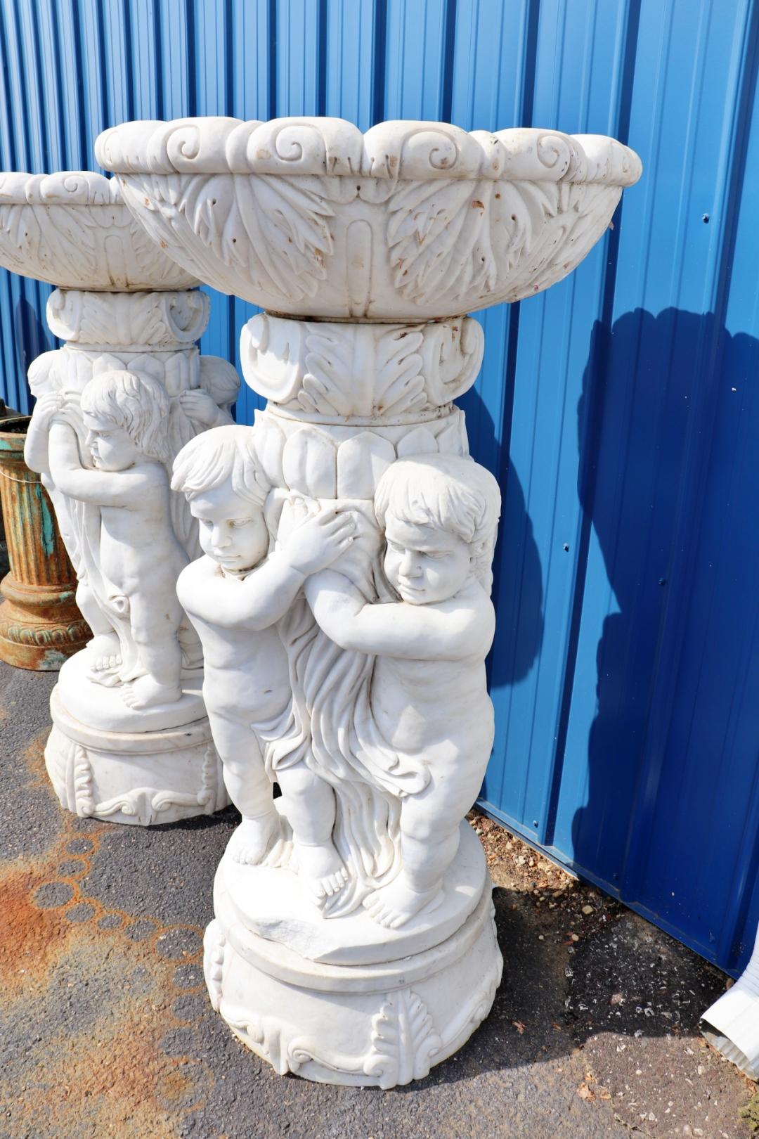 Large Figural Cherub Putti Carved Marble Bird Bath