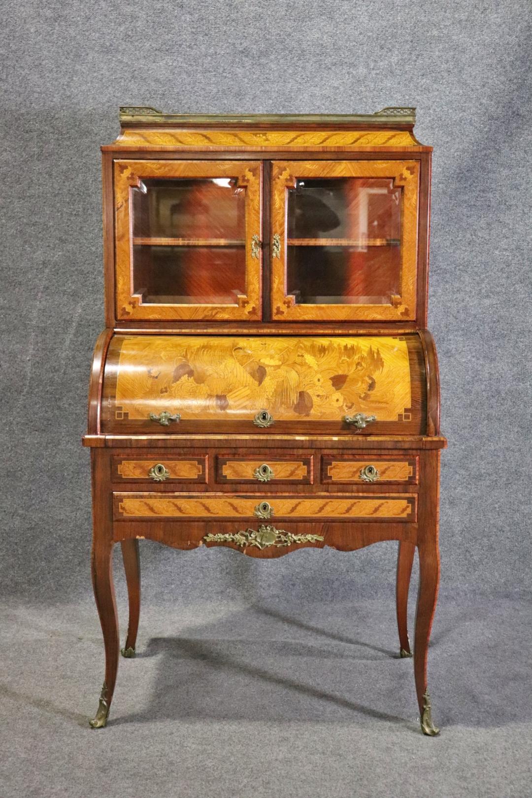 Rosewood Circassian Walnut Inlaid Beveled Glass French Louis XV Secretary Desk