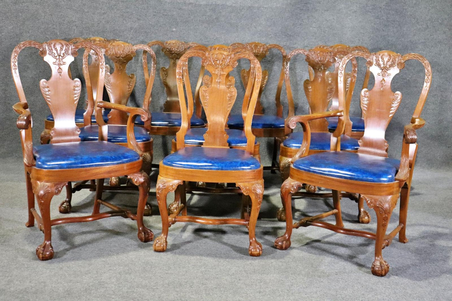 Set 10 Custom-Made Solid Walnut Georgian Carved Dining Chairs Manner of Gillows