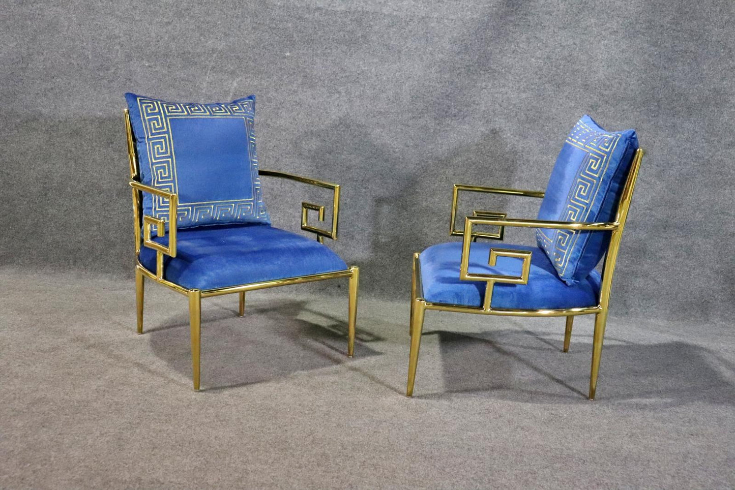 Stunning Pair of Polished Brass Greek Key Versace Style Armchairs in Blue