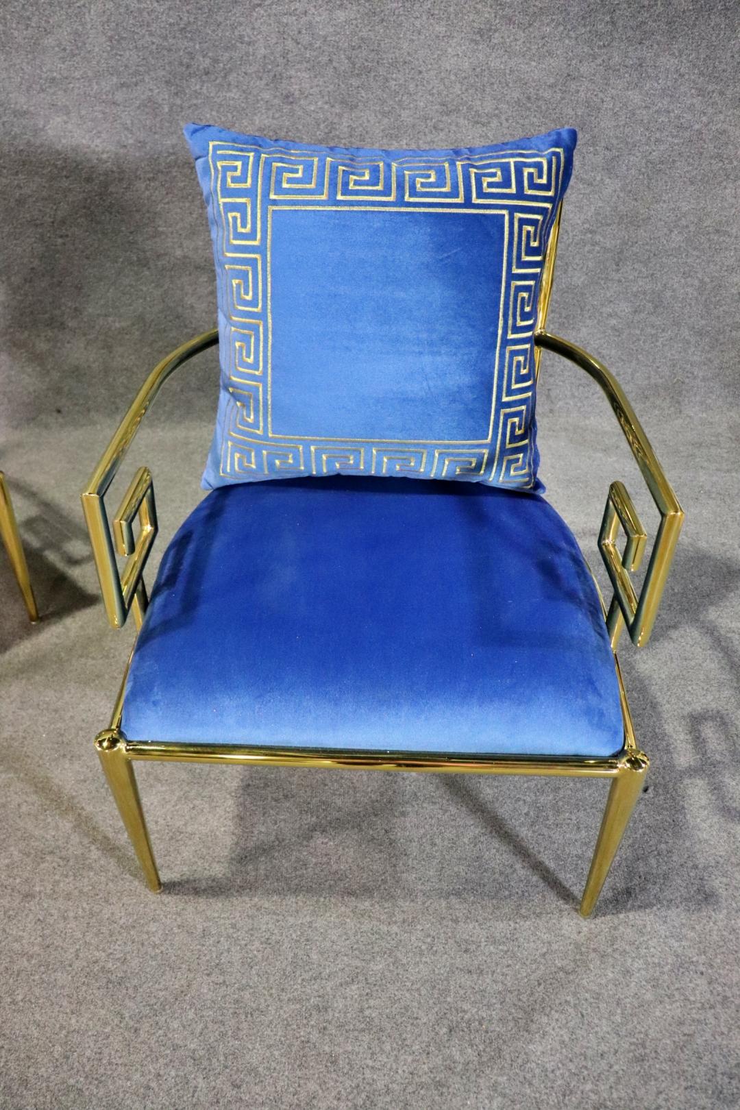 Stunning Pair of Polished Brass Greek Key Versace Style Armchairs in Blue