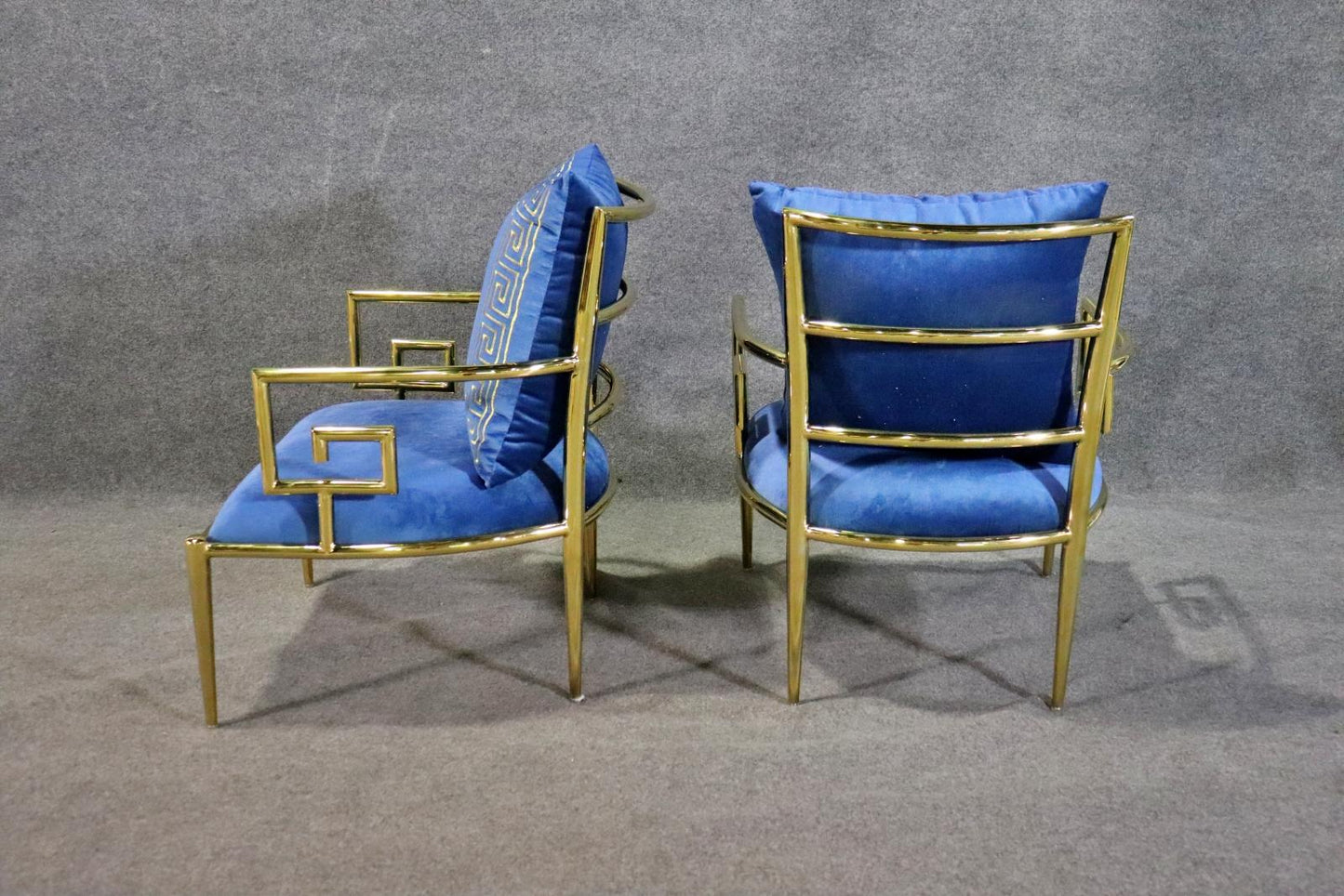 Stunning Pair of Polished Brass Greek Key Versace Style Armchairs in Blue