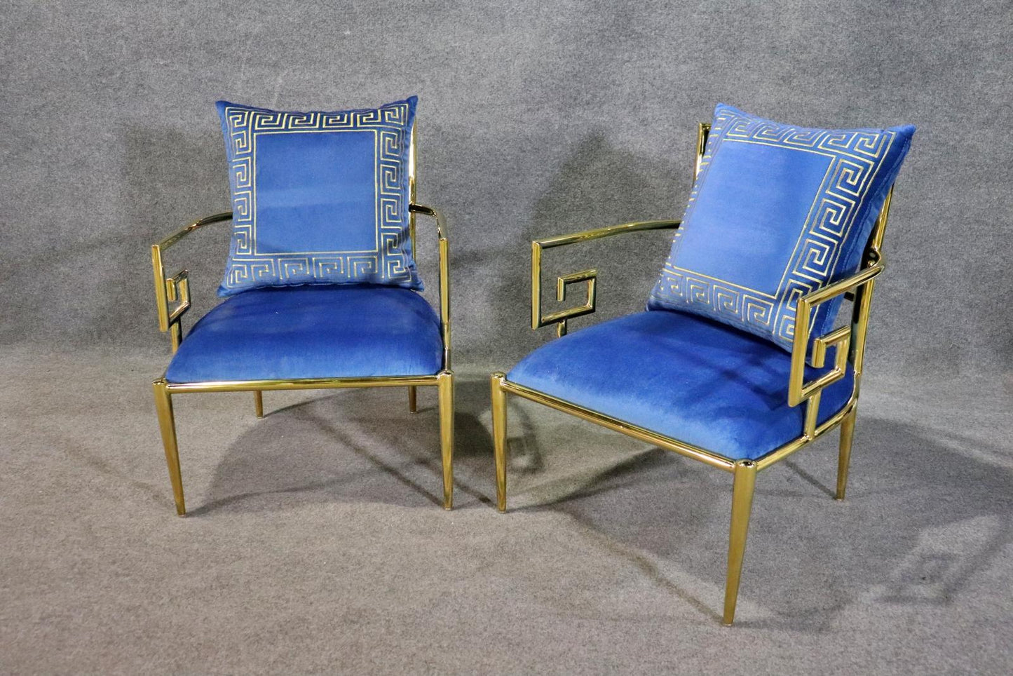 Stunning Pair of Polished Brass Greek Key Versace Style Armchairs in Blue