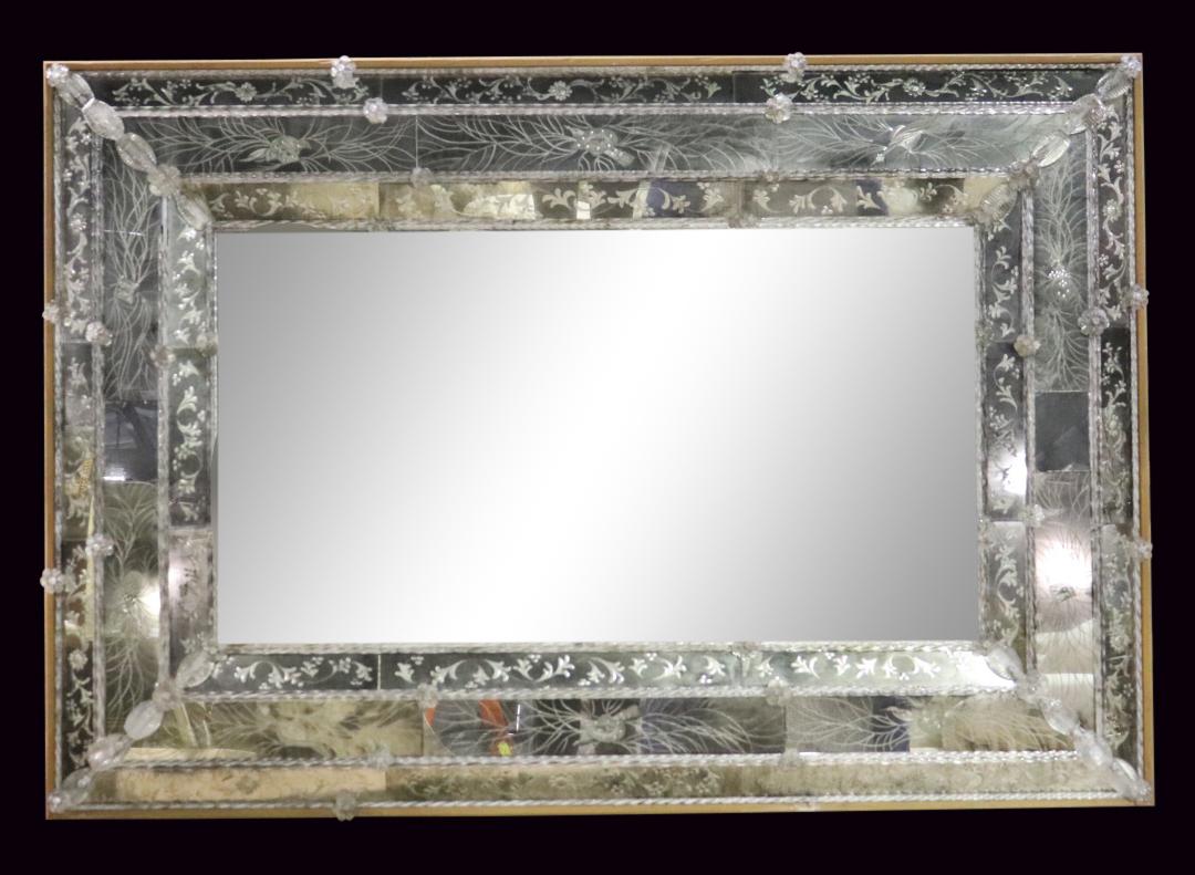 Large Fine Quality Antique Venetian Etched Glass Murano Wall Mirror