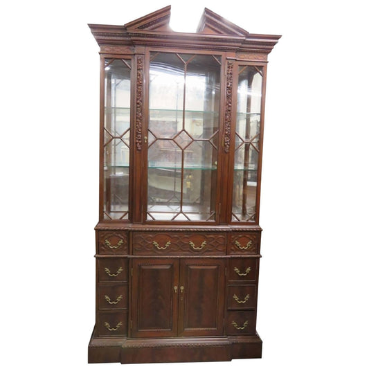 Georgian Carved Jonathan Charles Flame Mahogany Narrow China Cabinet Breakfront