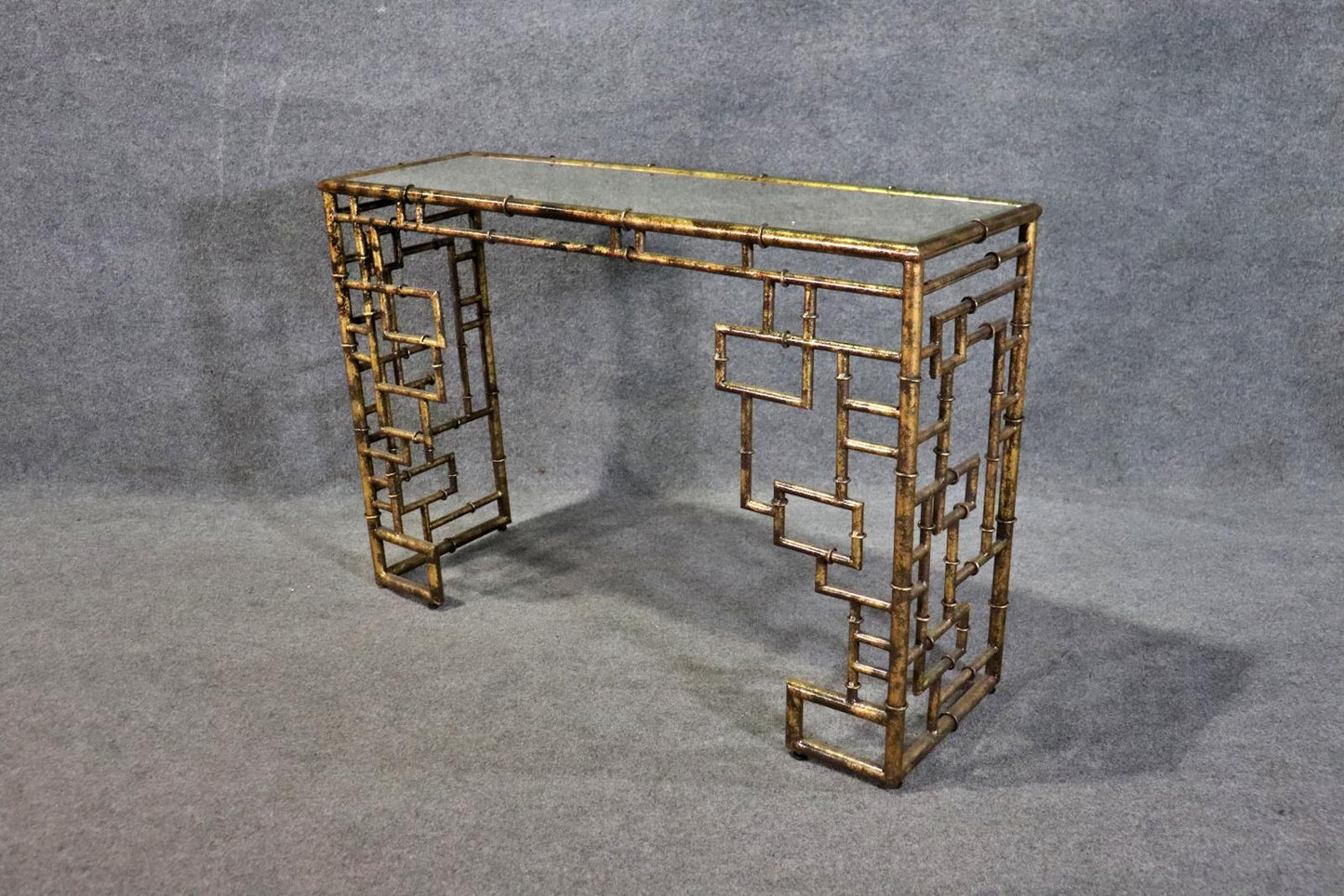 Stunning Faux Bamboo Gilded Metal Silver Leaf Eglomise Console Table