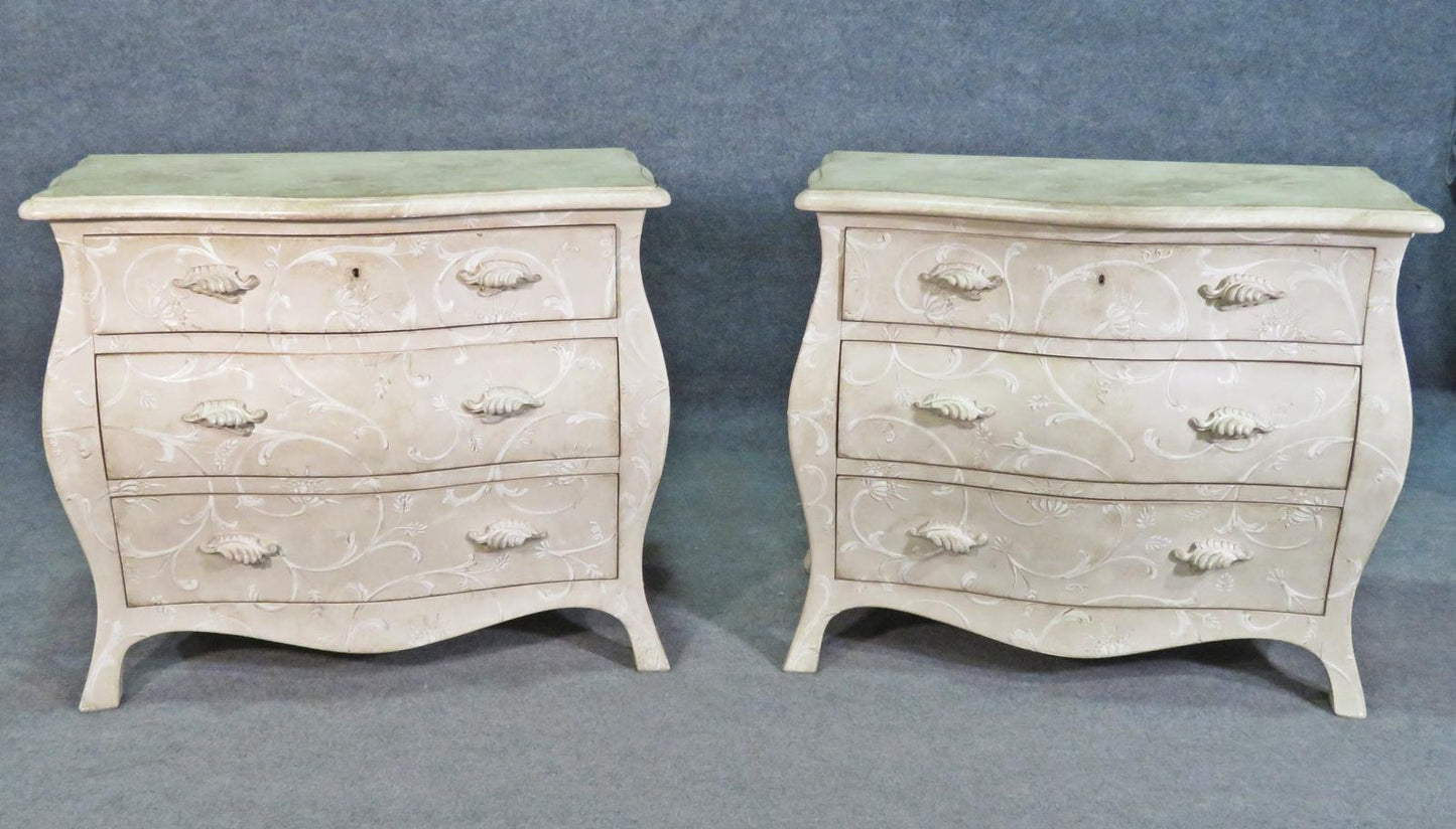 Pair Foral Painted White Decorated Gustavian Style Bombe Commodes Nightstands