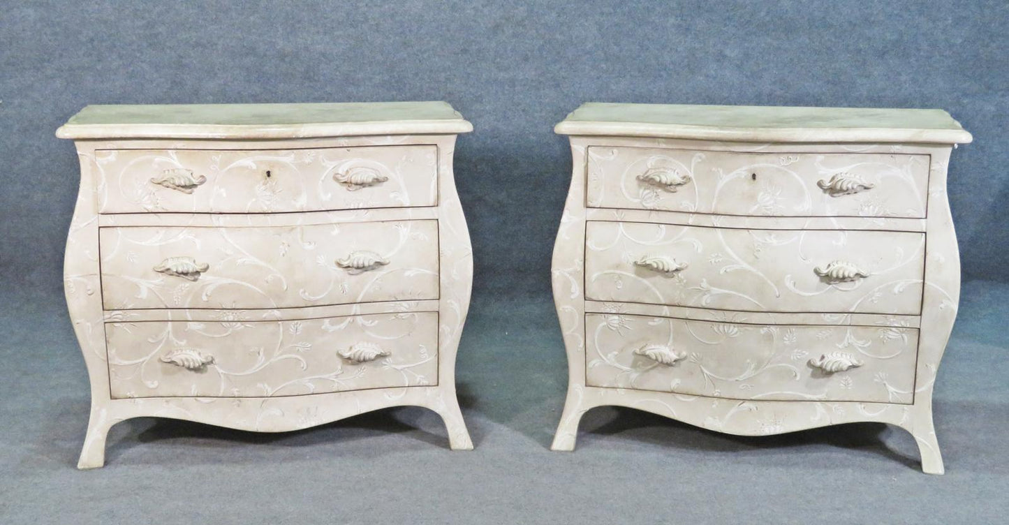 Pair Foral Painted White Decorated Gustavian Style Bombe Commodes Nightstands