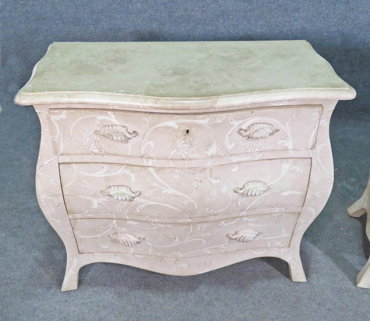 Pair Foral Painted White Decorated Gustavian Style Bombe Commodes Nightstands