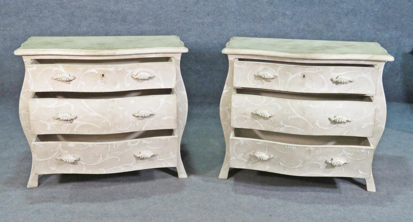 Pair Foral Painted White Decorated Gustavian Style Bombe Commodes Nightstands