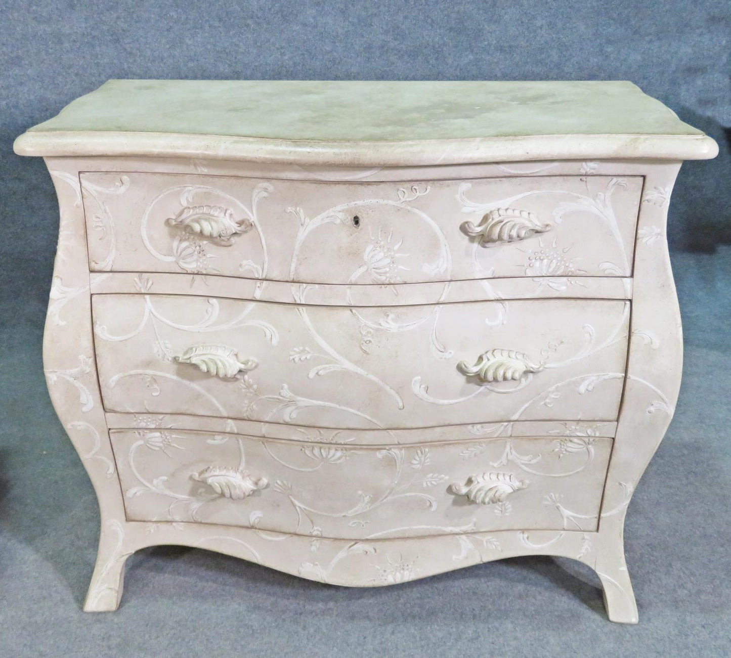 Pair Foral Painted White Decorated Gustavian Style Bombe Commodes Nightstands