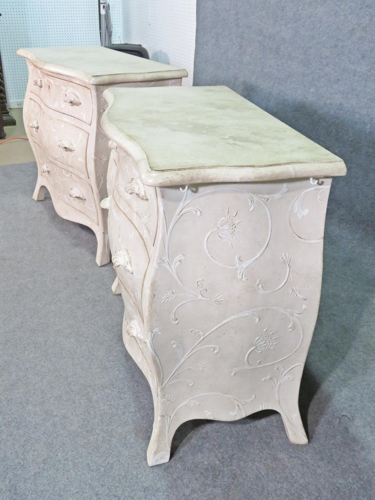 Pair Foral Painted White Decorated Gustavian Style Bombe Commodes Nightstands