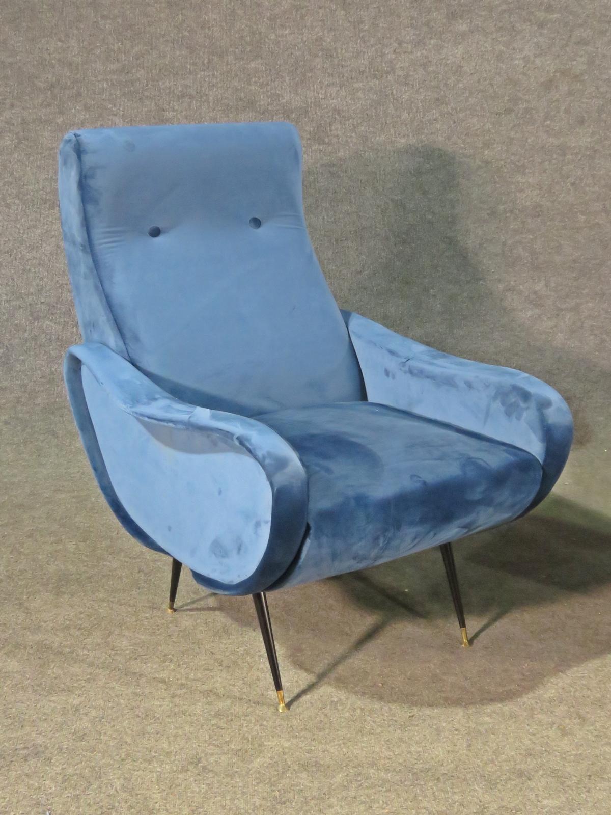 Pair of Blue Velvet Mid Century Modern Zanuso Style Bergere Armchairs