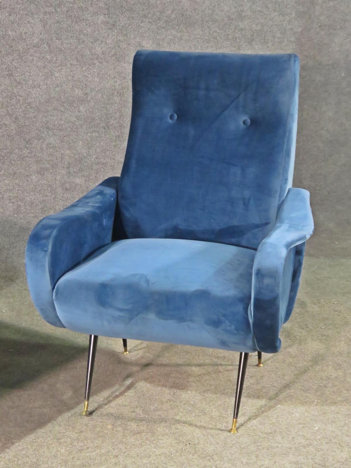 Pair of Blue Velvet Mid Century Modern Zanuso Style Bergere Armchairs