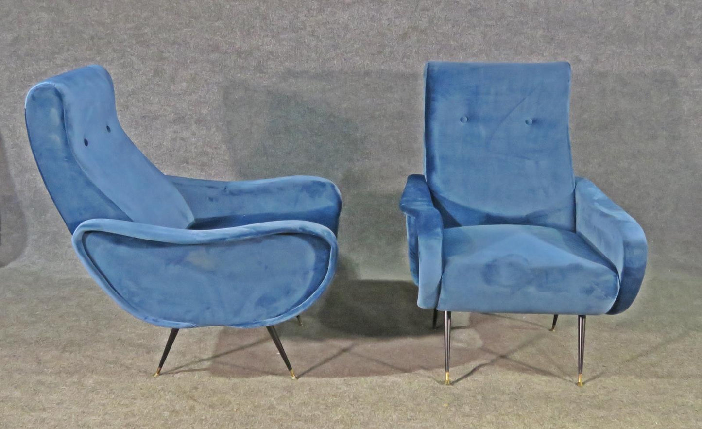 Pair of Blue Velvet Mid Century Modern Zanuso Style Bergere Armchairs