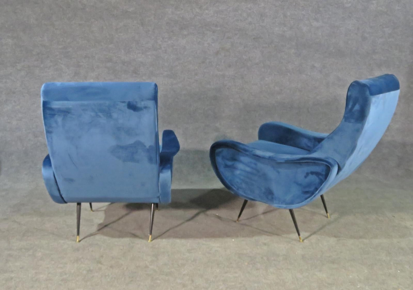 Pair of Blue Velvet Mid Century Modern Zanuso Style Bergere Armchairs