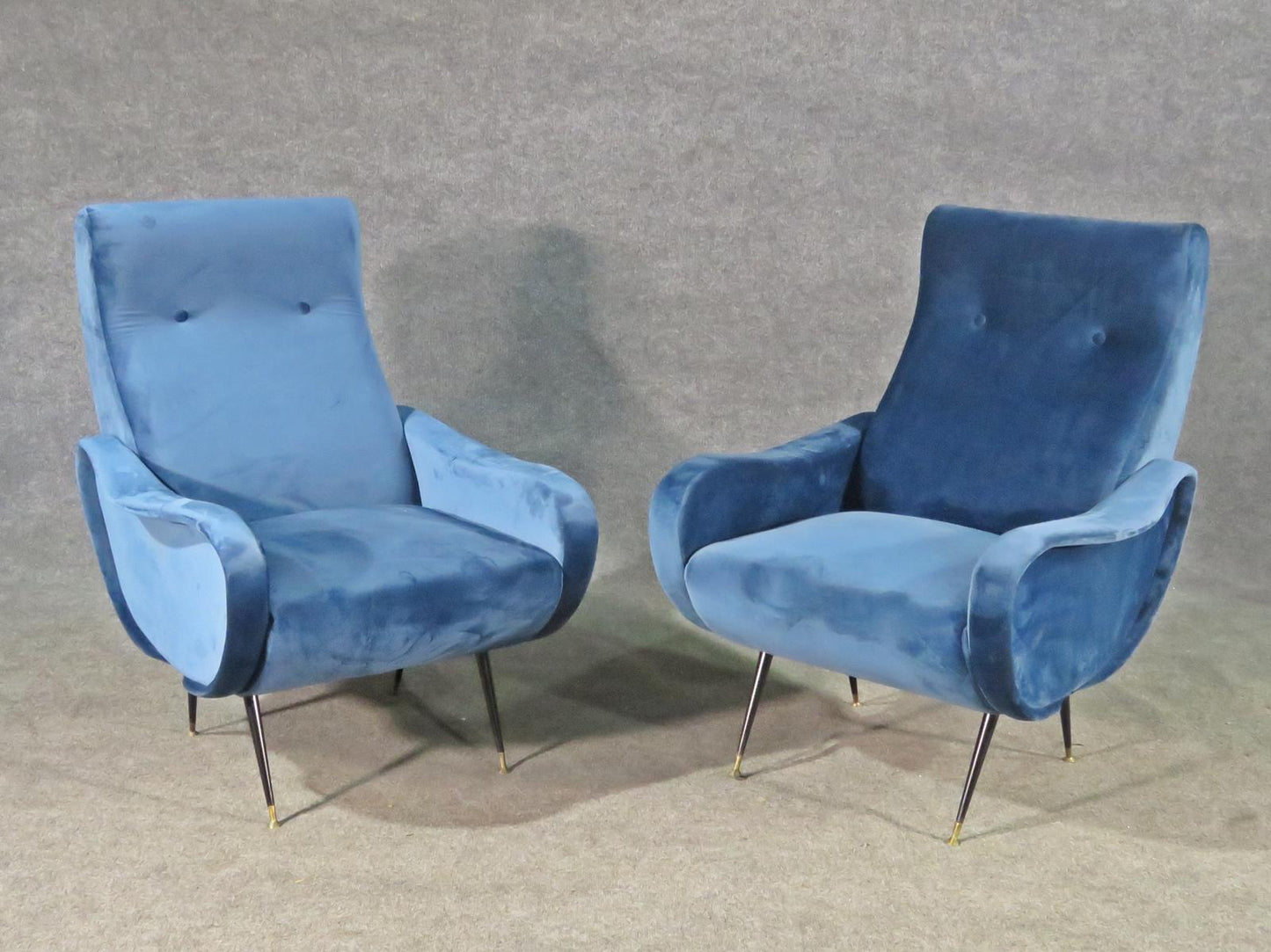 Pair of Blue Velvet Mid Century Modern Zanuso Style Bergere Armchairs