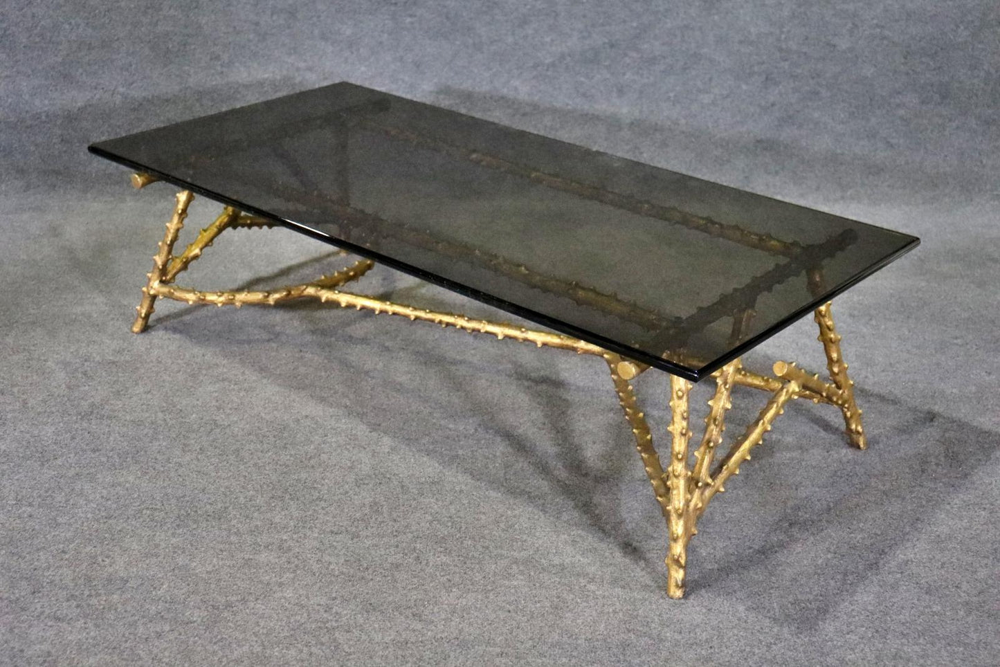 Gilt Metal Bagues Faux Bois Tree Branch Asymetric Form Smoked Glass Coffee Table