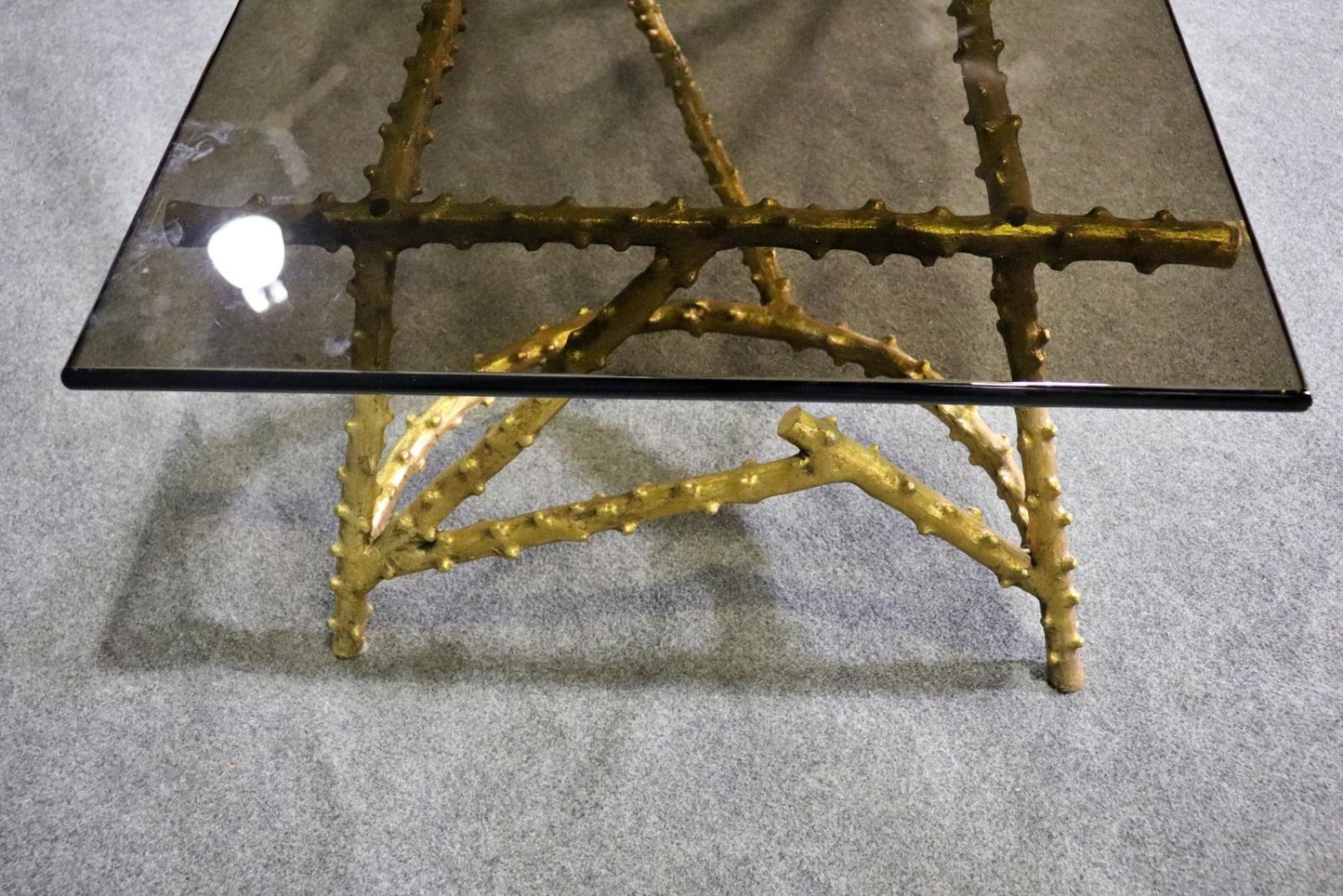 Gilt Metal Bagues Faux Bois Tree Branch Asymetric Form Smoked Glass Coffee Table