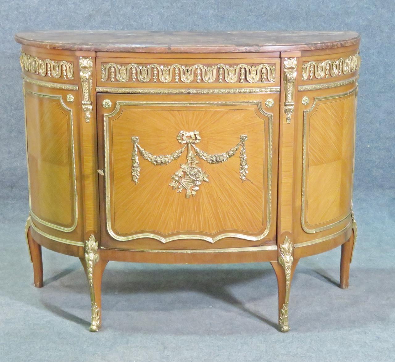 Satinwood Bronze Mounted French Louis XV Marble Top Commode, Circa 1920