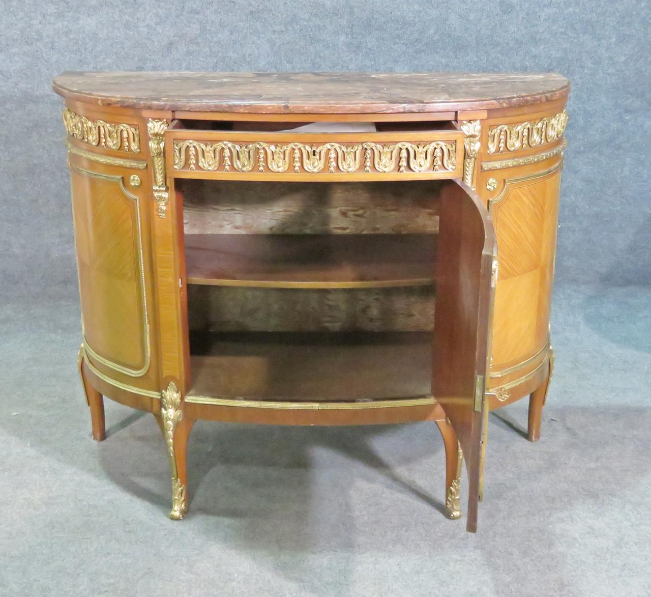 Satinwood Bronze Mounted French Louis XV Marble Top Commode, Circa 1920