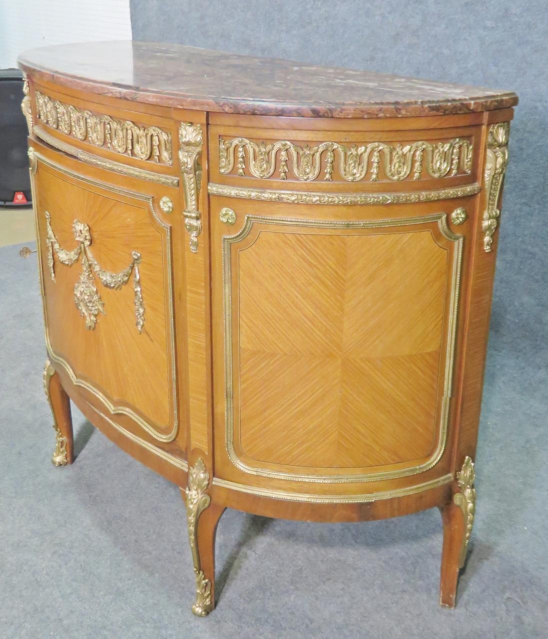 Satinwood Bronze Mounted French Louis XV Marble Top Commode, Circa 1920