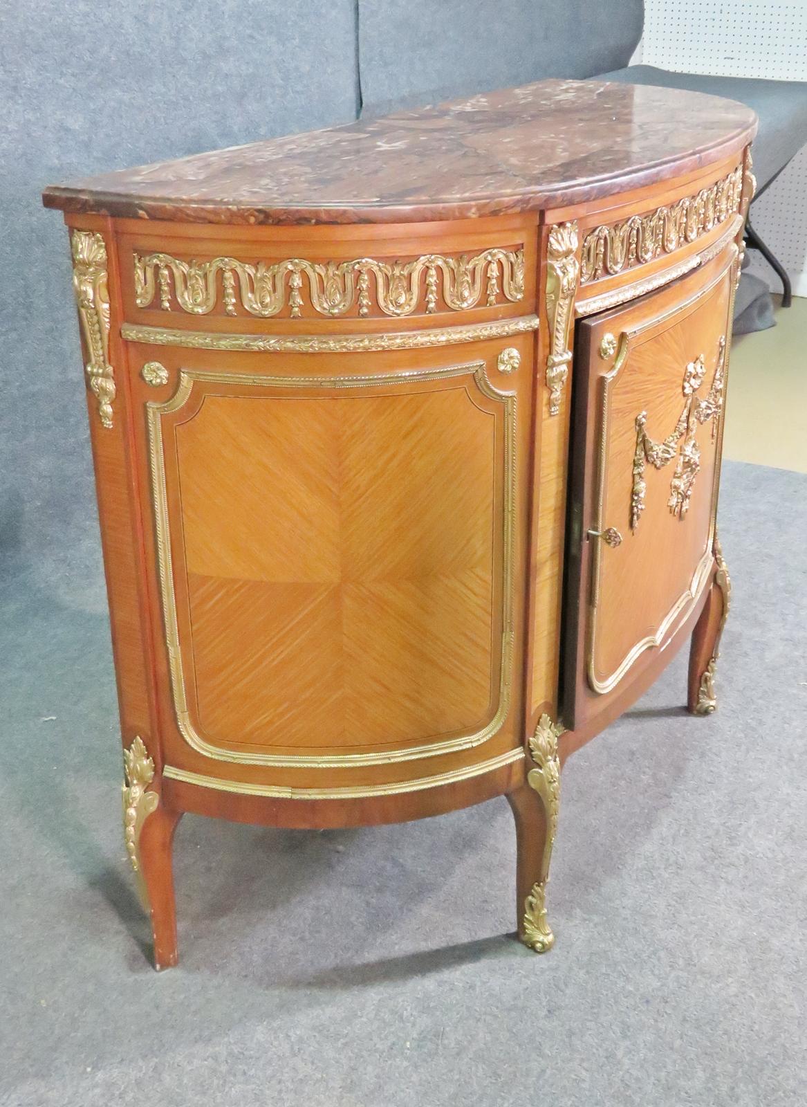 Satinwood Bronze Mounted French Louis XV Marble Top Commode, Circa 1920