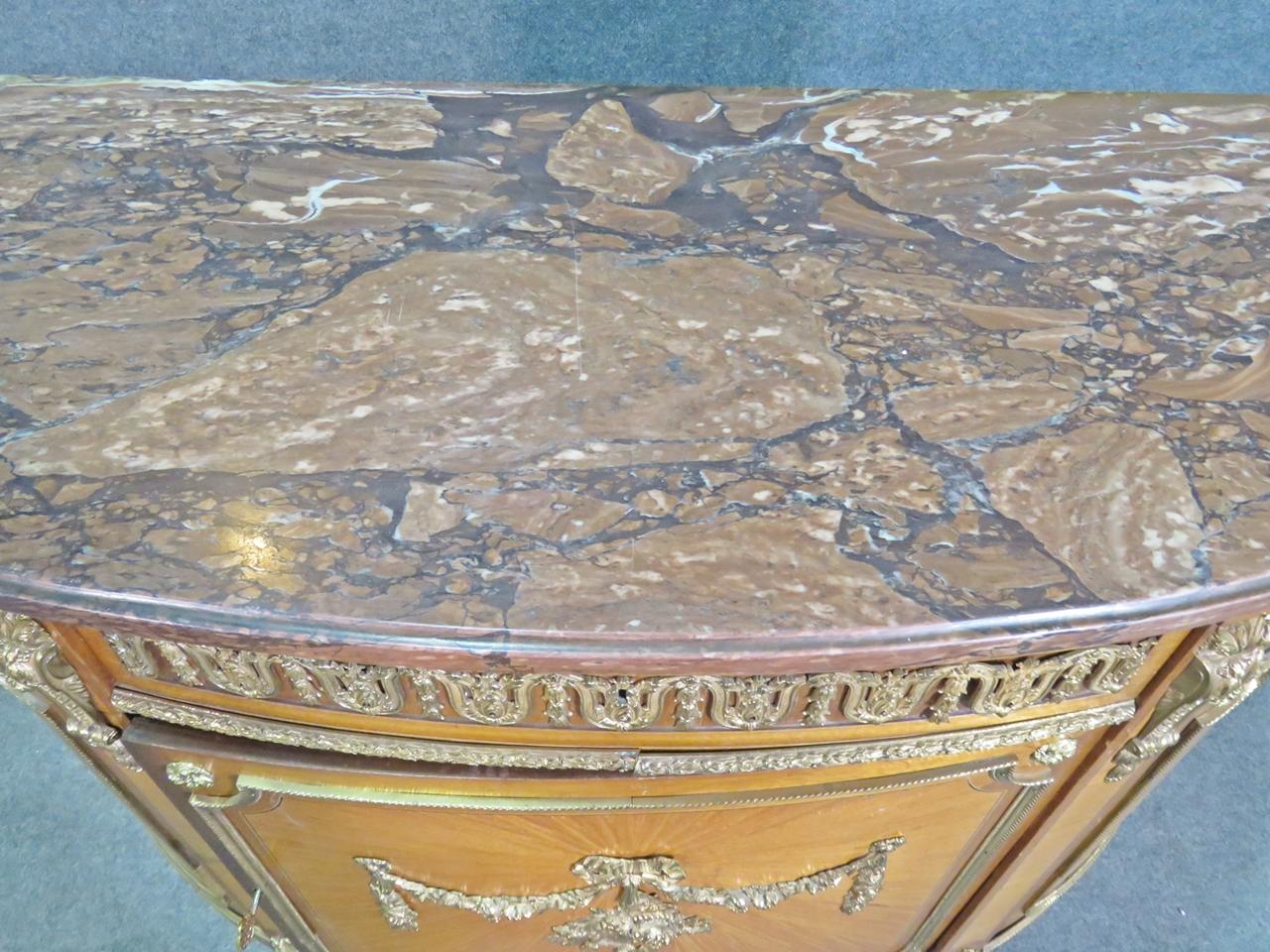 Satinwood Bronze Mounted French Louis XV Marble Top Commode, Circa 1920