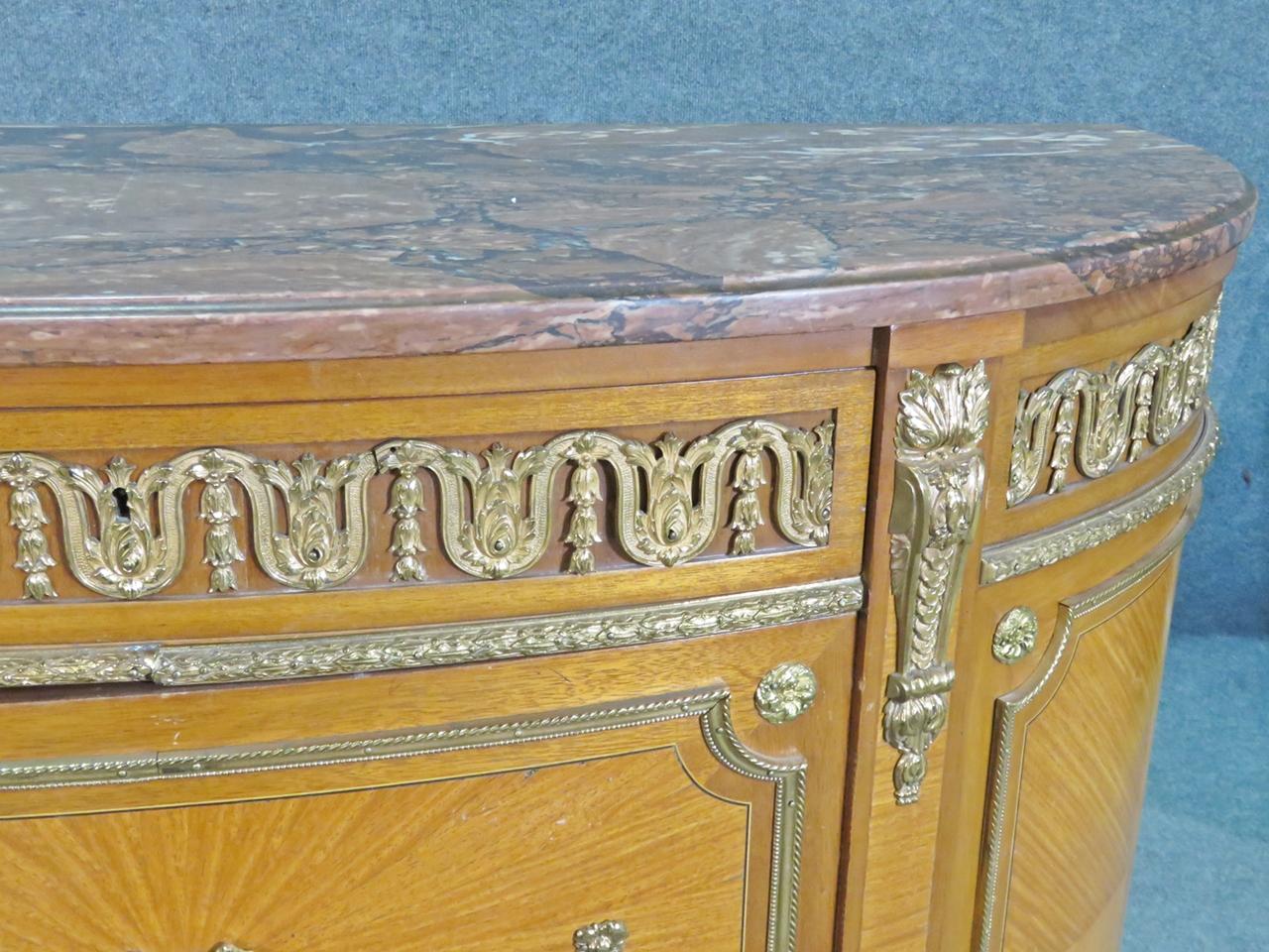 Satinwood Bronze Mounted French Louis XV Marble Top Commode, Circa 1920