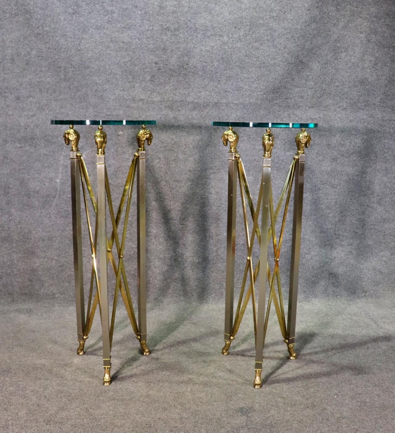 Pair of Solid Brass Thick Glass Top John Vesey Style Directoire Pedestals Stands