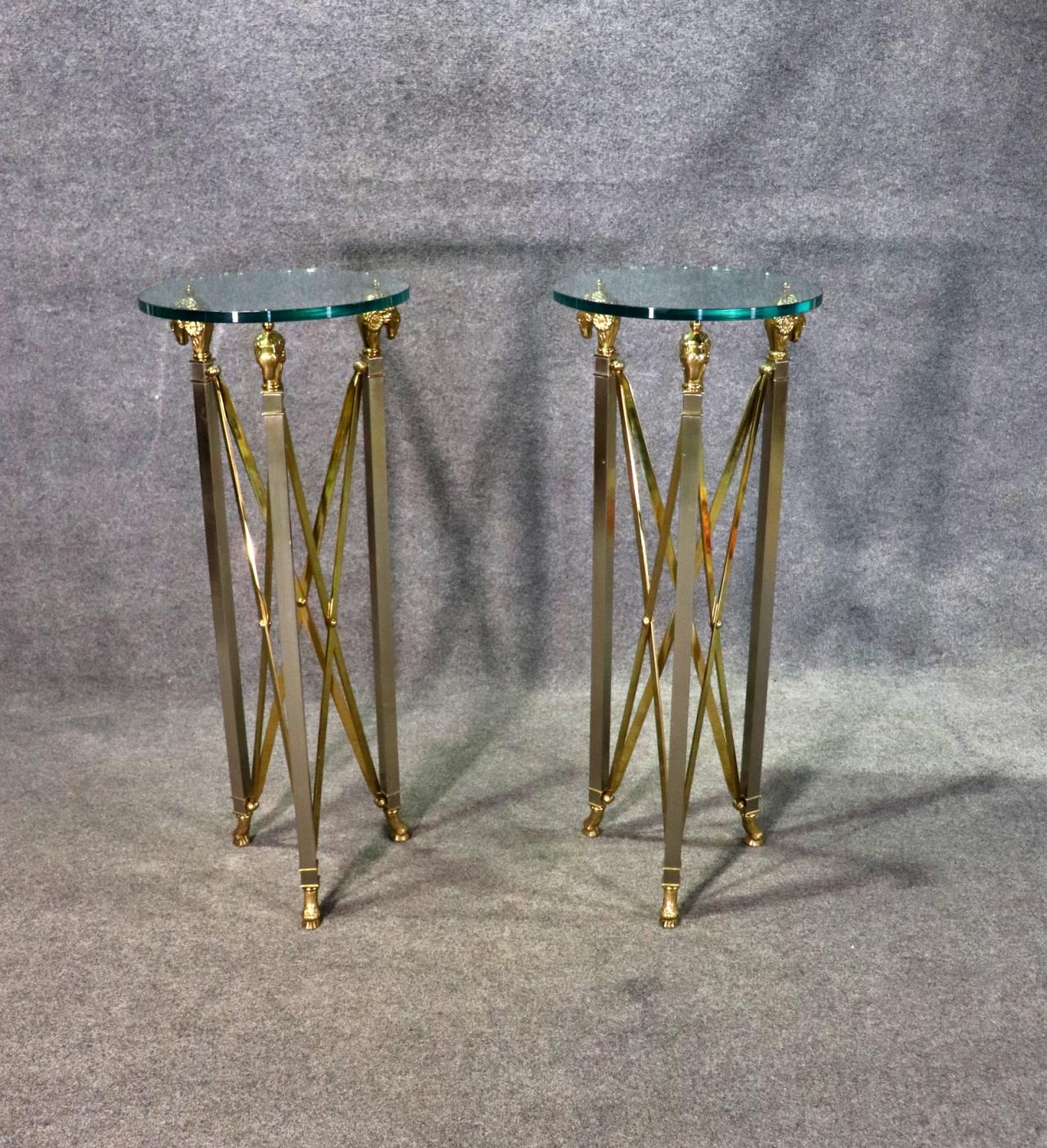 Pair of Solid Brass Thick Glass Top John Vesey Style Directoire Pedestals Stands