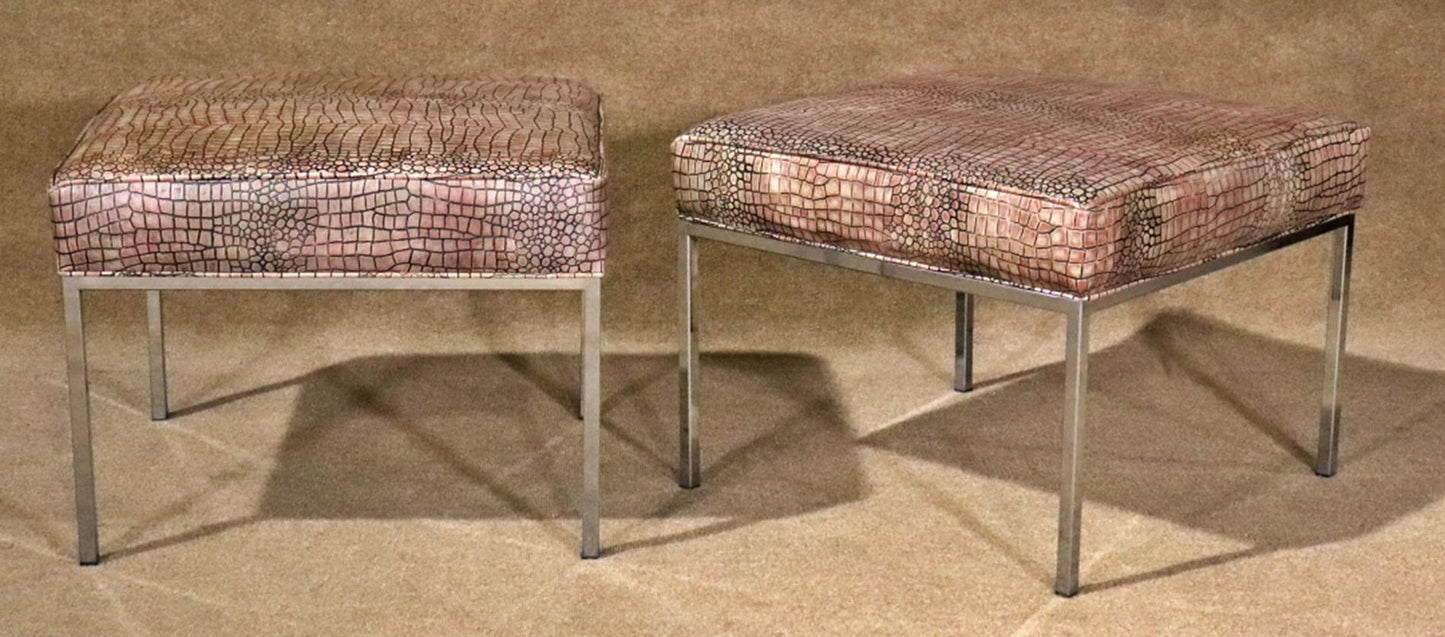 Pair of Milo Baughman Style Faux Crocodilie Upholstered Chrome Stools Ottomans