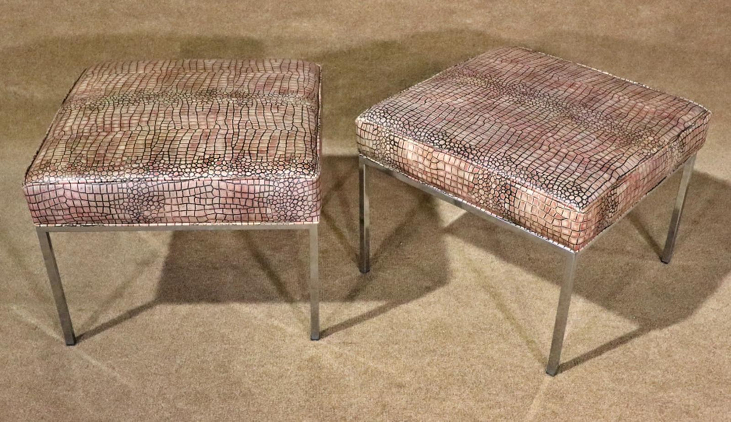 Pair of Milo Baughman Style Faux Crocodilie Upholstered Chrome Stools Ottomans