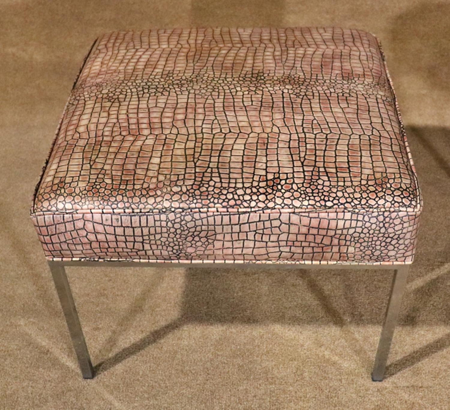 Pair of Milo Baughman Style Faux Crocodilie Upholstered Chrome Stools Ottomans