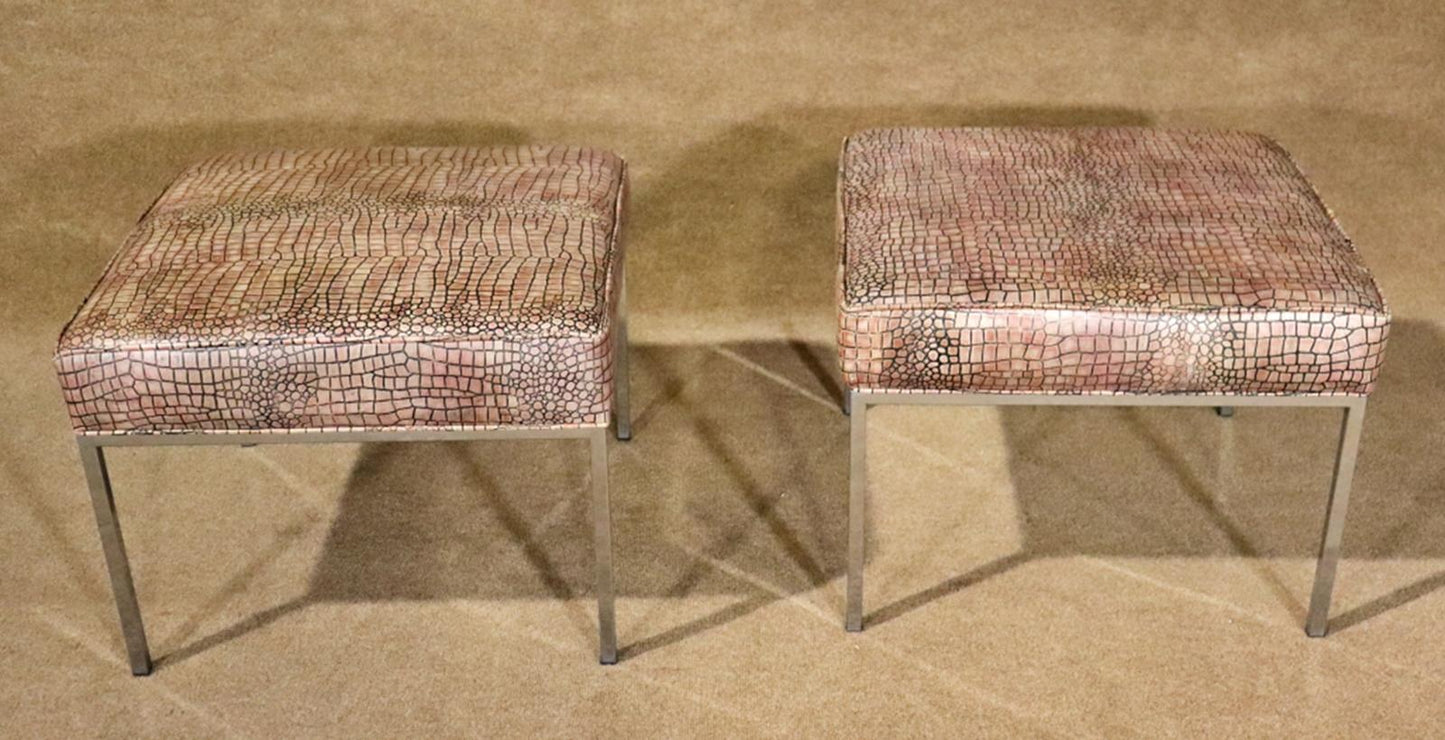 Pair of Milo Baughman Style Faux Crocodilie Upholstered Chrome Stools Ottomans