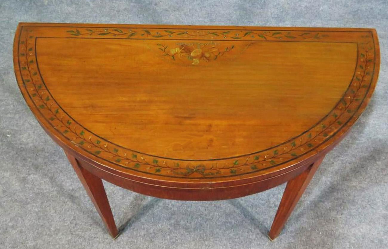 English Adams Paint Decorated Satinwood Leather Top Games Card Table circa 1820s