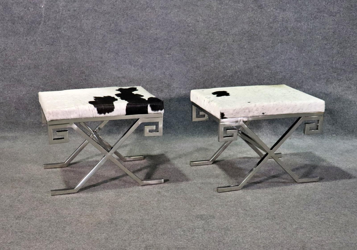 Pair of Mid Century Modern Style GreeK Key Steel and Cowhide Foot Stools