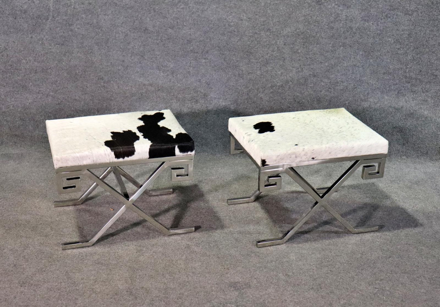 Pair of Mid Century Modern Style GreeK Key Steel and Cowhide Foot Stools