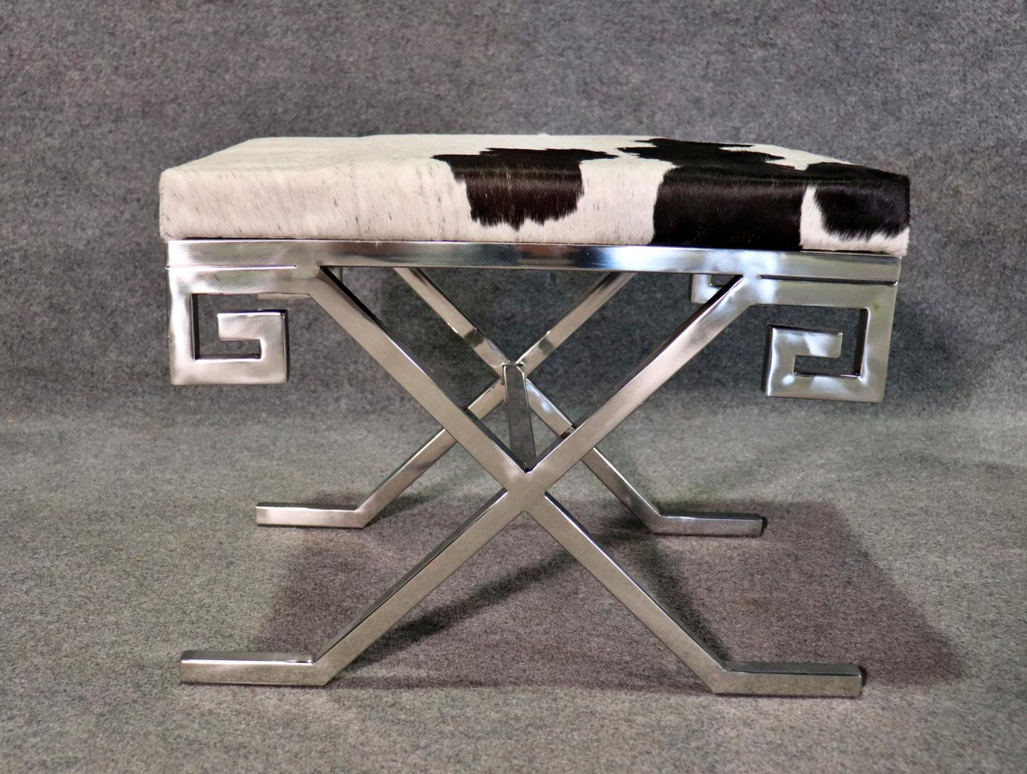 Pair of Mid Century Modern Style GreeK Key Steel and Cowhide Foot Stools