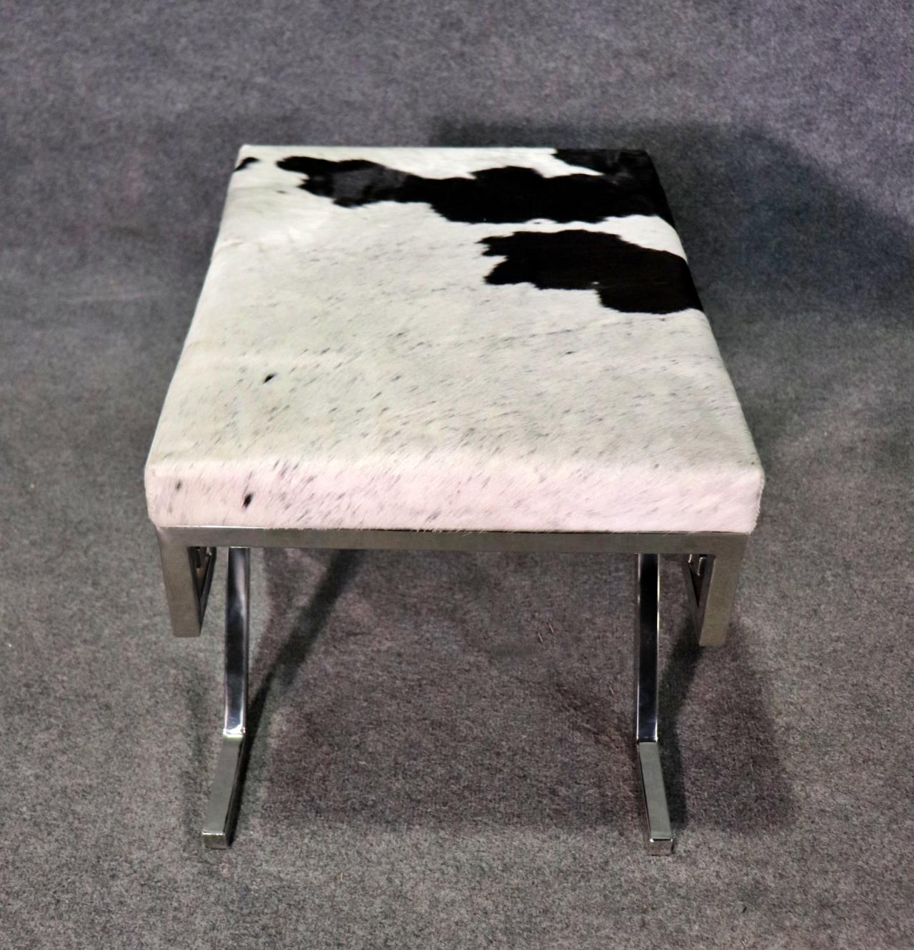 Pair of Mid Century Modern Style GreeK Key Steel and Cowhide Foot Stools