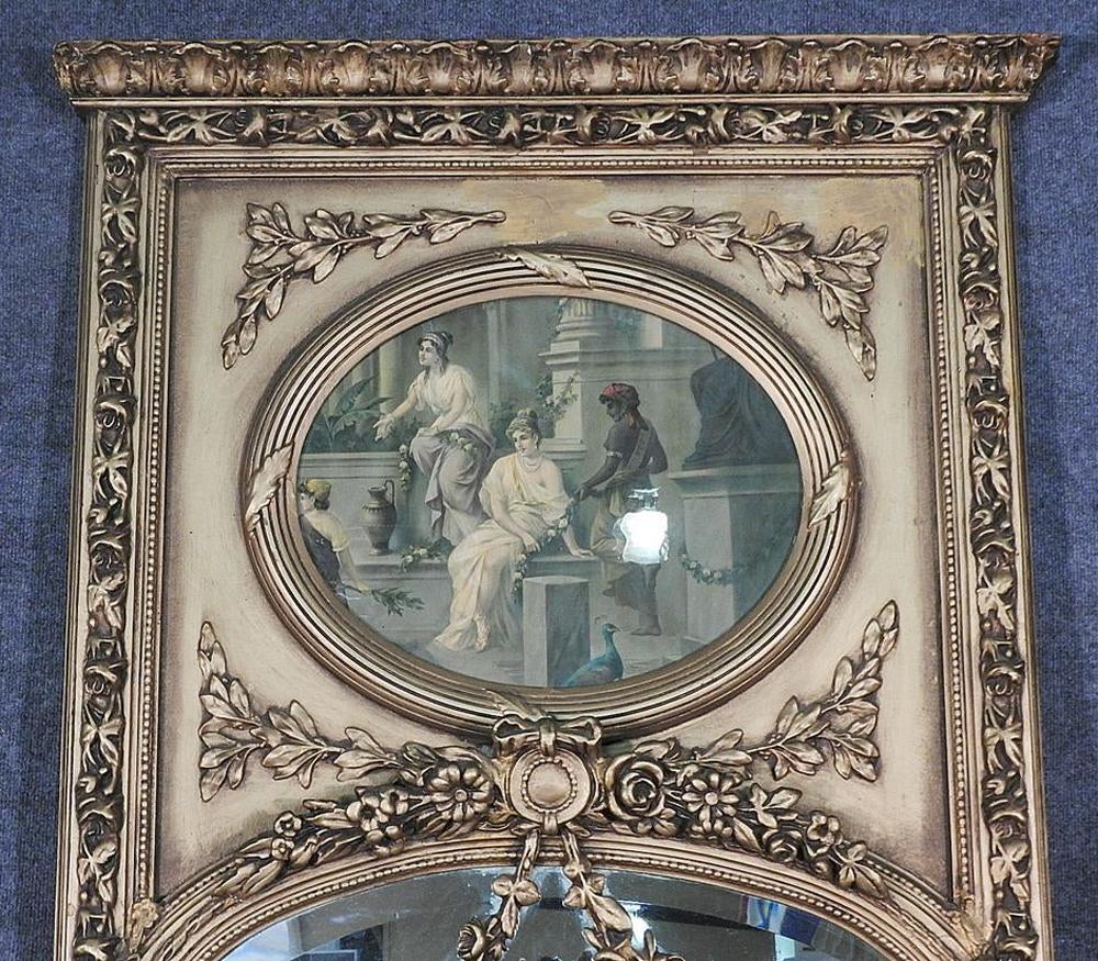 Tall Gilded French Louis XV Style Trumeau Mirror with Neoclassical Print