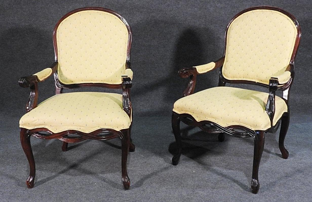 Pair of Dark Mahogany French Louis XV Fauteuills Armchairs