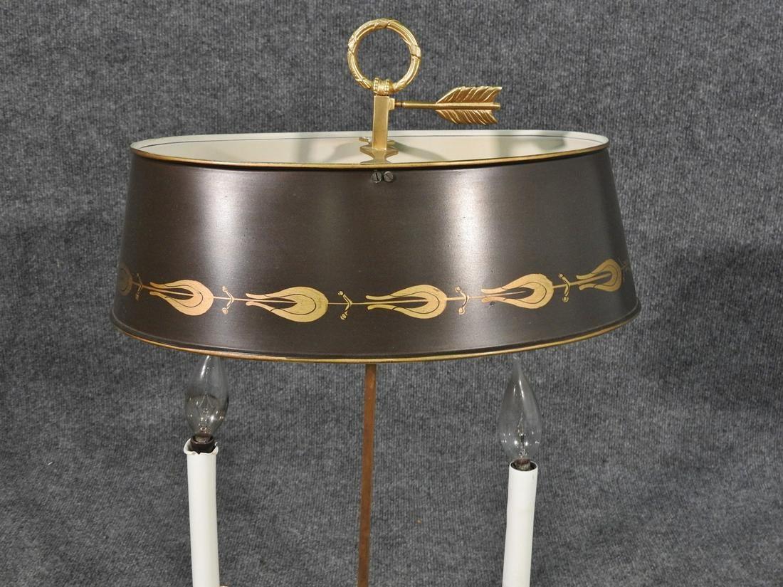 French Empire Tole Painted Metal Shade Brass Bugle Table Lamp, circa 1950s