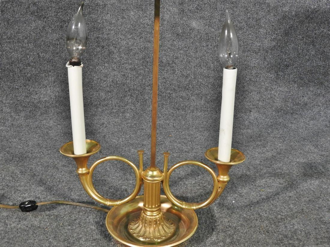 French Empire Tole Painted Metal Shade Brass Bugle Table Lamp, circa 1950s